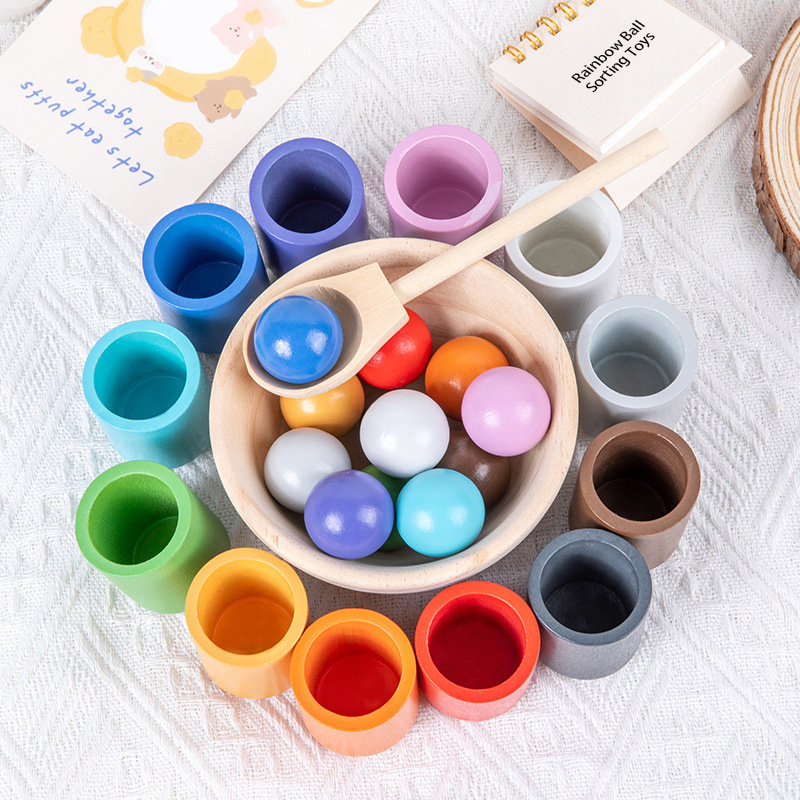 Ballen in bekers Montessori speelgoed Vroeg educatief houten matchingspel Kleursorteerspeelgoed voor peuters Houten sorteerspel om te leren Kleuren sorteren en tellen Uitgelichte afbeelding