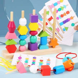 Juguetes apilables de madera 2 en 1 Cuentas de cordones de madera Juguetes de madera Montessori Clasificador de formas Bloques de construcción Juguetes para enhebrar con tarjetas Regalos educativos de aprendizaje para niños pequeños de 3 4 5+ años