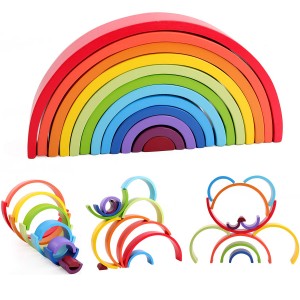 Wooden Rainbow Stacker Nesting Puzzle Blocks Educational Toys for Kids Baby Toddlers
