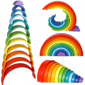 Wooden Rainbow Stacker Nesting Puzzle Blocks Educational Toys for Kids Baby Toddlers