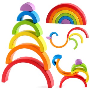 Wooden Rainbow Stacker Nesting Puzzle Blocks Educational Toys for Kids Baby Toddlers