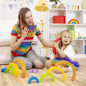 Wooden Rainbow Stacker Nesting Puzzle Blocks Educational Toys for Kids Baby Toddlers