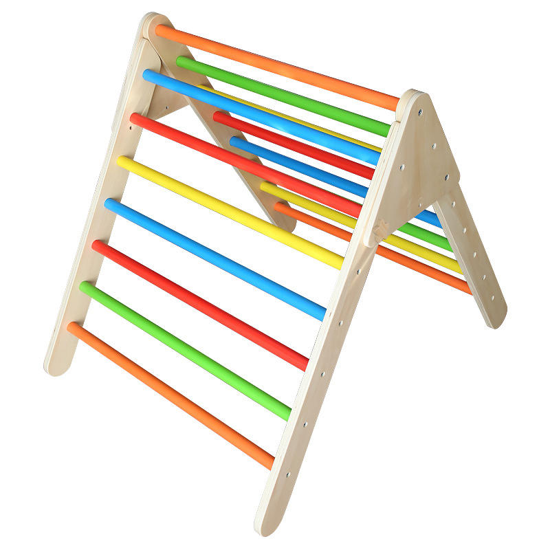 Triángulo de escalada con tienda de campaña – Juguetes de madera para escalar para niños pequeños y bebés – Gimnasio interior plegable extragrande y colorido para niños – Imagen destacada 100% segura