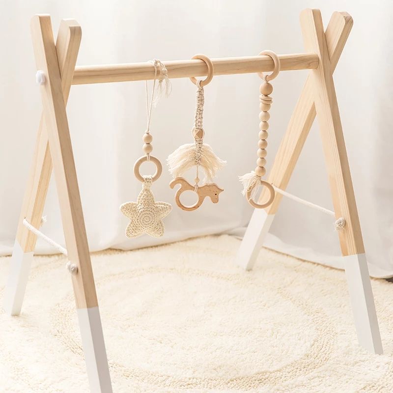 Baby Play Gym Wooden Baby Gym with 3 Toys Foldable Play Gym Frame Activity Gym Hanging