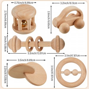5 Pieces Wooden Baby Toys Wooden Toys for Babies 0-6-12 Months Wood Toys Rattles with Bells Montessori Wood Baby Push Car Wooden Newborn Toy for Infant Boys and Girls Gifts