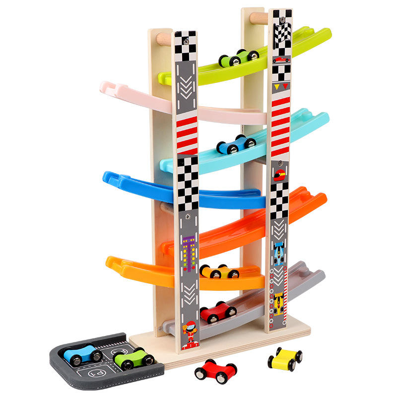 Coche de madera para niños de 1, 2 y 3 años, juego de vehículos de juguete con rampa para coche de madera con 7 minicoches y pistas de carreras, juguetes Montessori para niños pequeños, regalo para niñas Imagen destacada