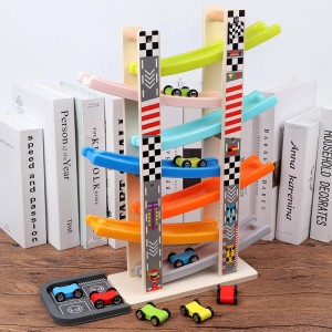 Juguetes de madera para niños de 1, 2 y 3 años, juego de vehículos de juguete con rampa de coche de madera con 7 mini coches y pistas de carreras, juguetes Montessori para niños pequeños, regalo para niñas