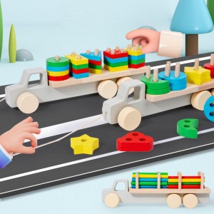 New 2 in 1 Truck Trailer Car Toy Toddler Educational Shape Matching Column Board Montessori Color Cognition Wooden Toys for Kids
