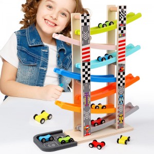 Juguetes de madera para niños de 1, 2 y 3 años, juego de vehículos de juguete con rampa de coche de madera con 7 mini coches y pistas de carreras, juguetes Montessori para niños pequeños, regalo para niñas