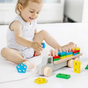 New 2 in 1 Truck Trailer Car Toy Toddler Educational Shape Matching Column Board Montessori Color Cognition Wooden Toys for Kids