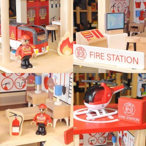 Estación de bomberos de madera, juego de estación de policía, casa de muñecas multicolor de 3 niveles con figuras, camión, helicóptero y accesorios, juguetes educativos de aprendizaje preescolar para niños pequeños de 3 años en adelante