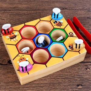Toddler Fine Motor Skill Toy, Clamp Bee to Hive Matching Game, Montessori Wooden Color Sorting Puzzle, Early Learning Preschool Educational Gift Toy for 3 4 5 Years Old Kids